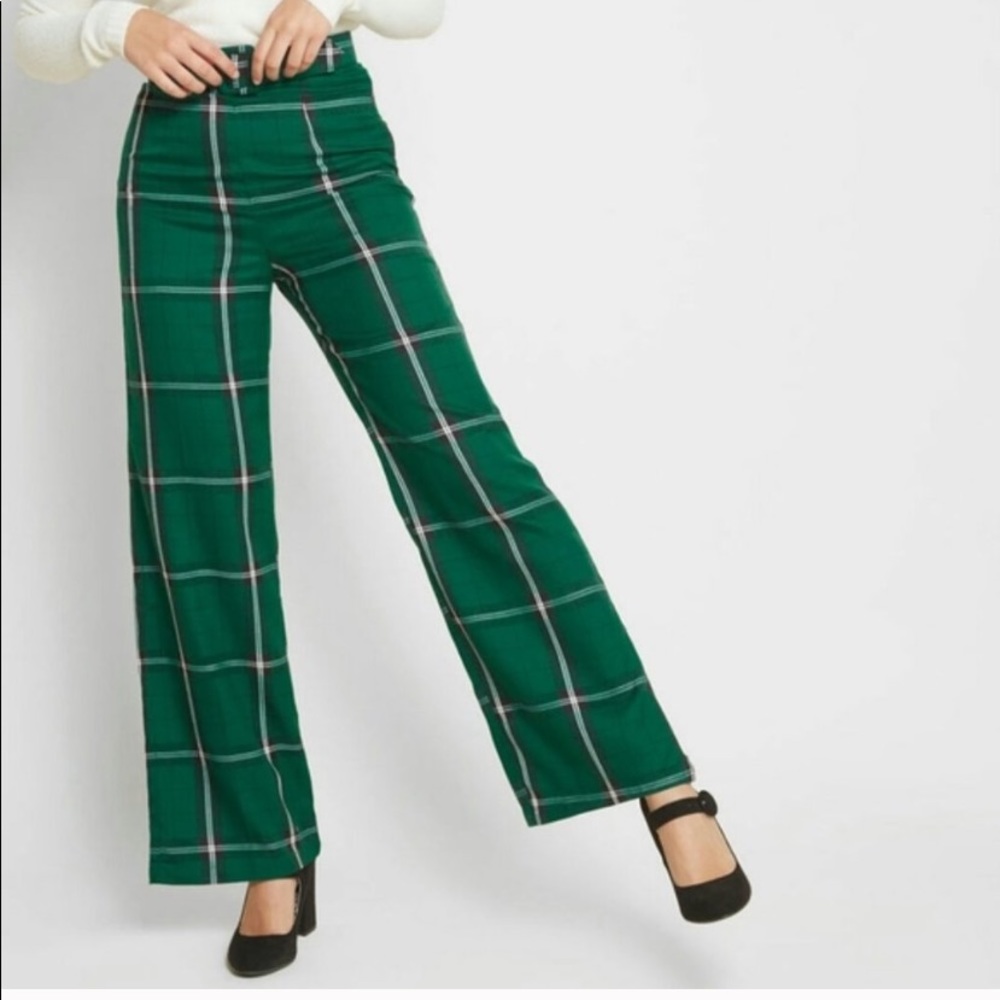 MODCLOTH Green Plaid Wide Leg High Rise Pants 8